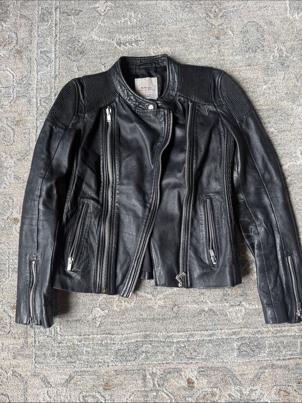 Mango Black Leather Moto Jacket with Ribbed Shoulders